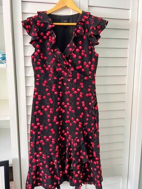 J. Crew Black Midi Dress with Red Cherry Print